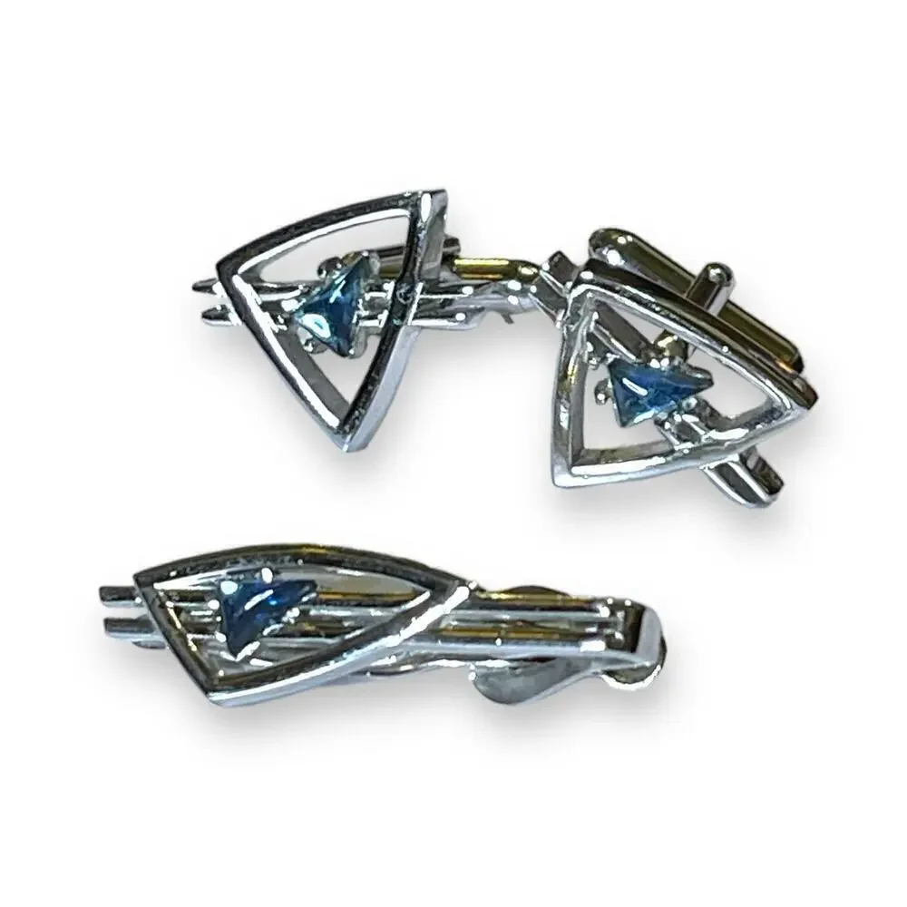 VTG Swank Cufflinks and Tie Bar Silver Tone Blue Glass Art Deco MCM Set Signed